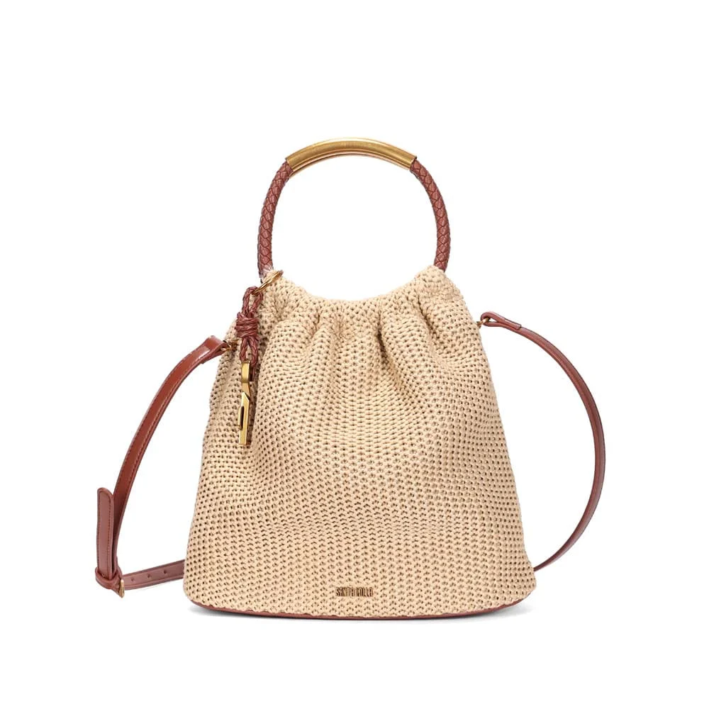 Bolsa Bucket Média Palha Tramado Bege Transversal - vista 1 de 3